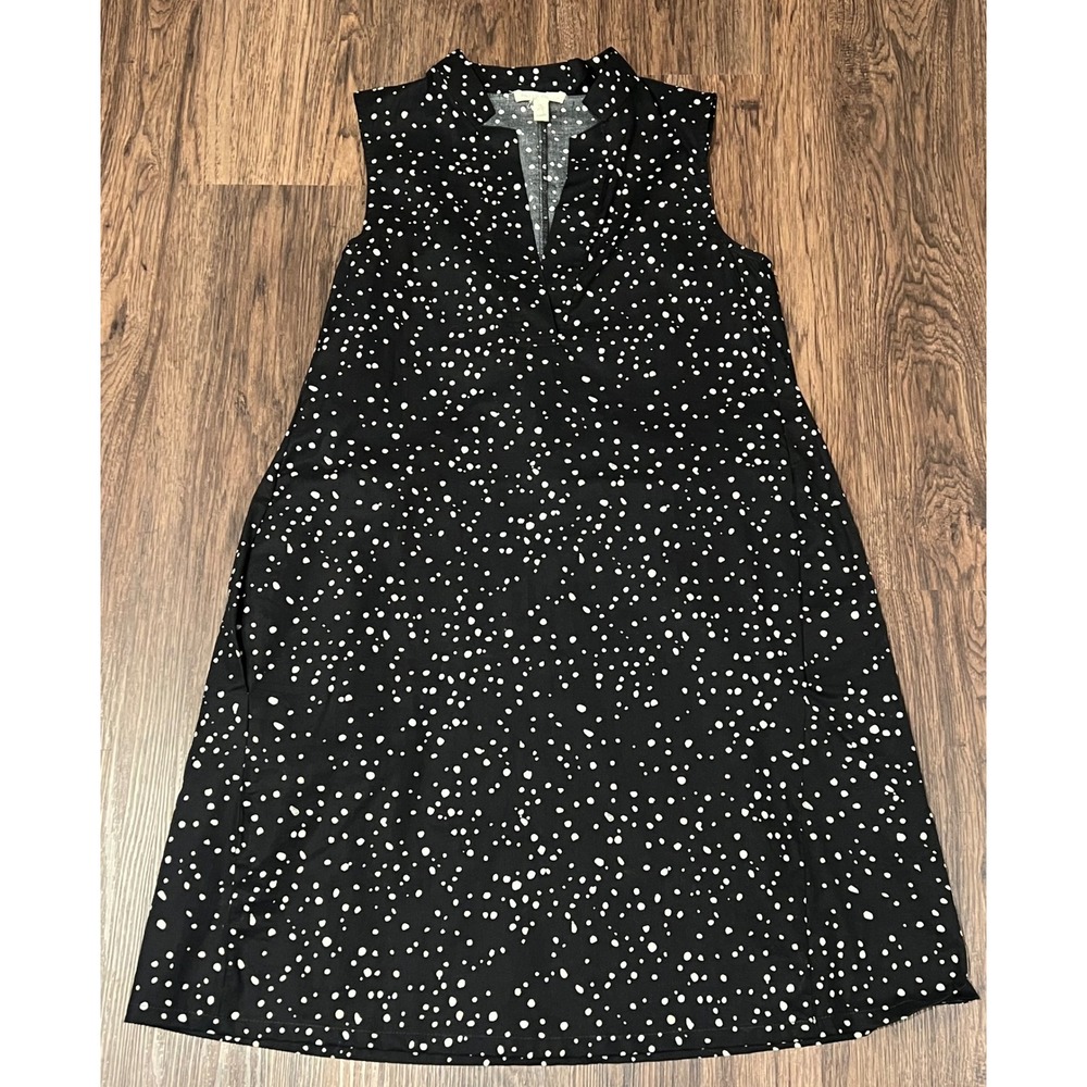 Eileen Fisher Black White Polka Dot Sleeveless Shift Dress Pockets size XS